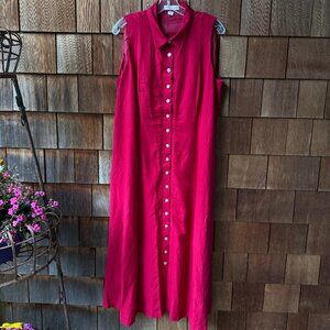 Coldwater Creek Red Linen Blend Sleeveless A-Line Button Front Shirt Dress in 16